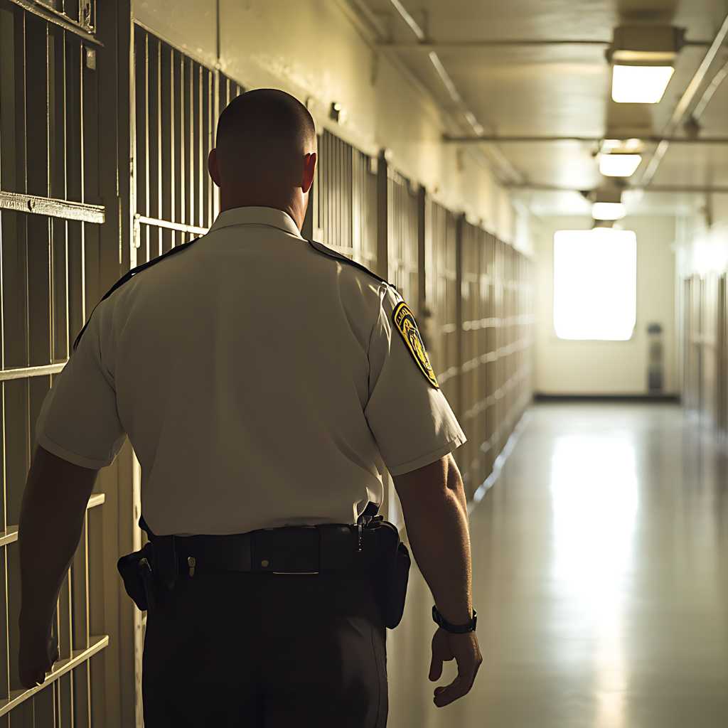 Correctional officer walking down a jail hallway illustrating opioid use in jail and the hidden reality of addiction behind bars.